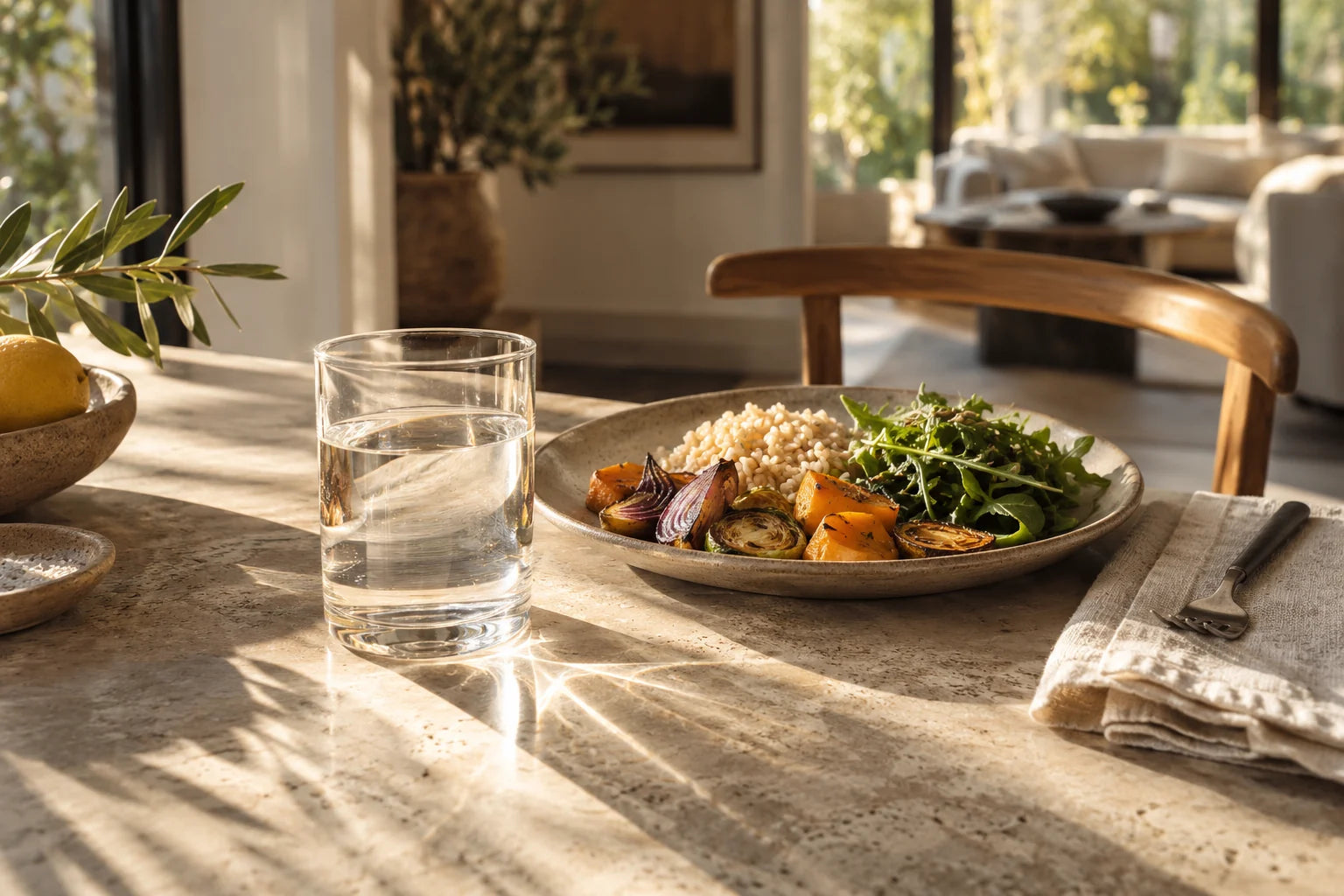 A glass of water and a balanced meal in a sunlit home