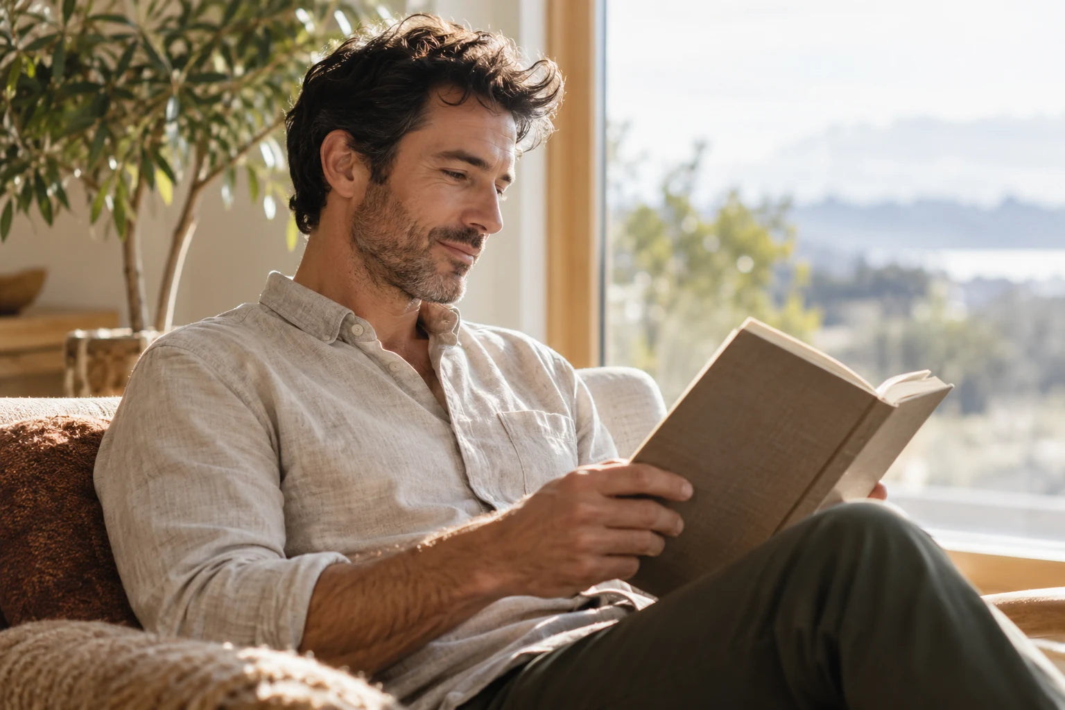 An adult taking a quiet moment to read beside a window