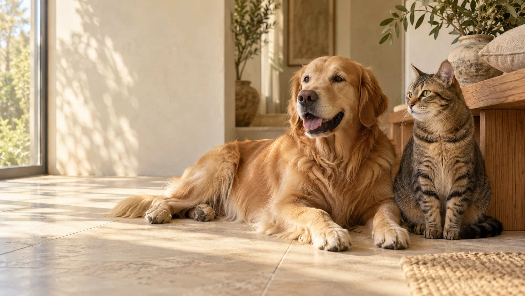 A golden retriever and tabby cat resting together at home