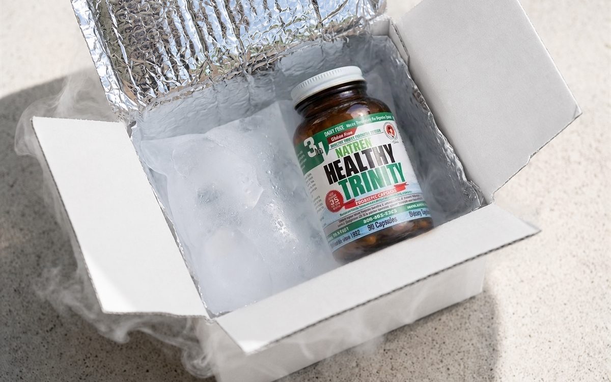 Una caja de envío aislada con paquetes de gel y un frasco de Healthy Trinity