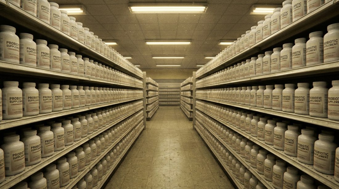 Un pasillo de supermercado a temperatura ambiente lleno de frascos de probióticos genéricos