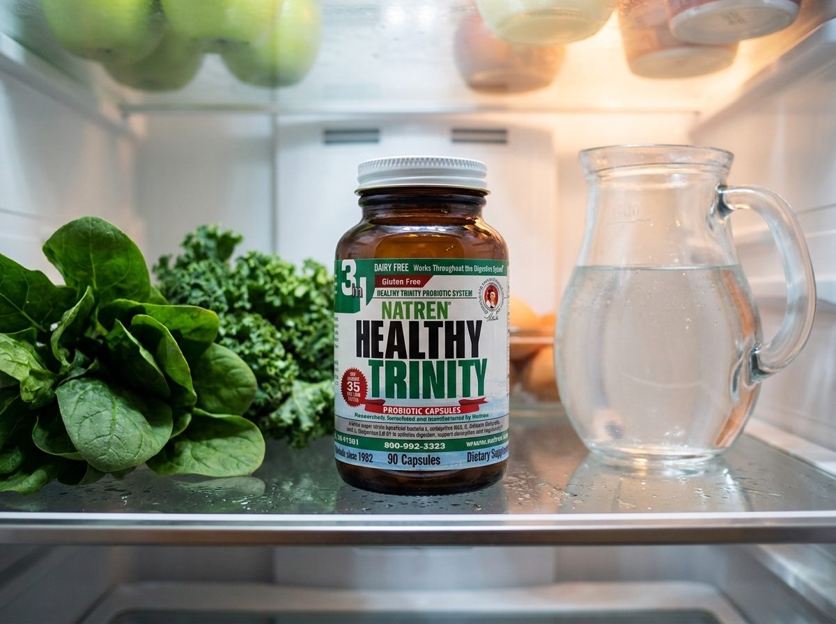 Healthy Trinity guardado en un estante del refrigerador