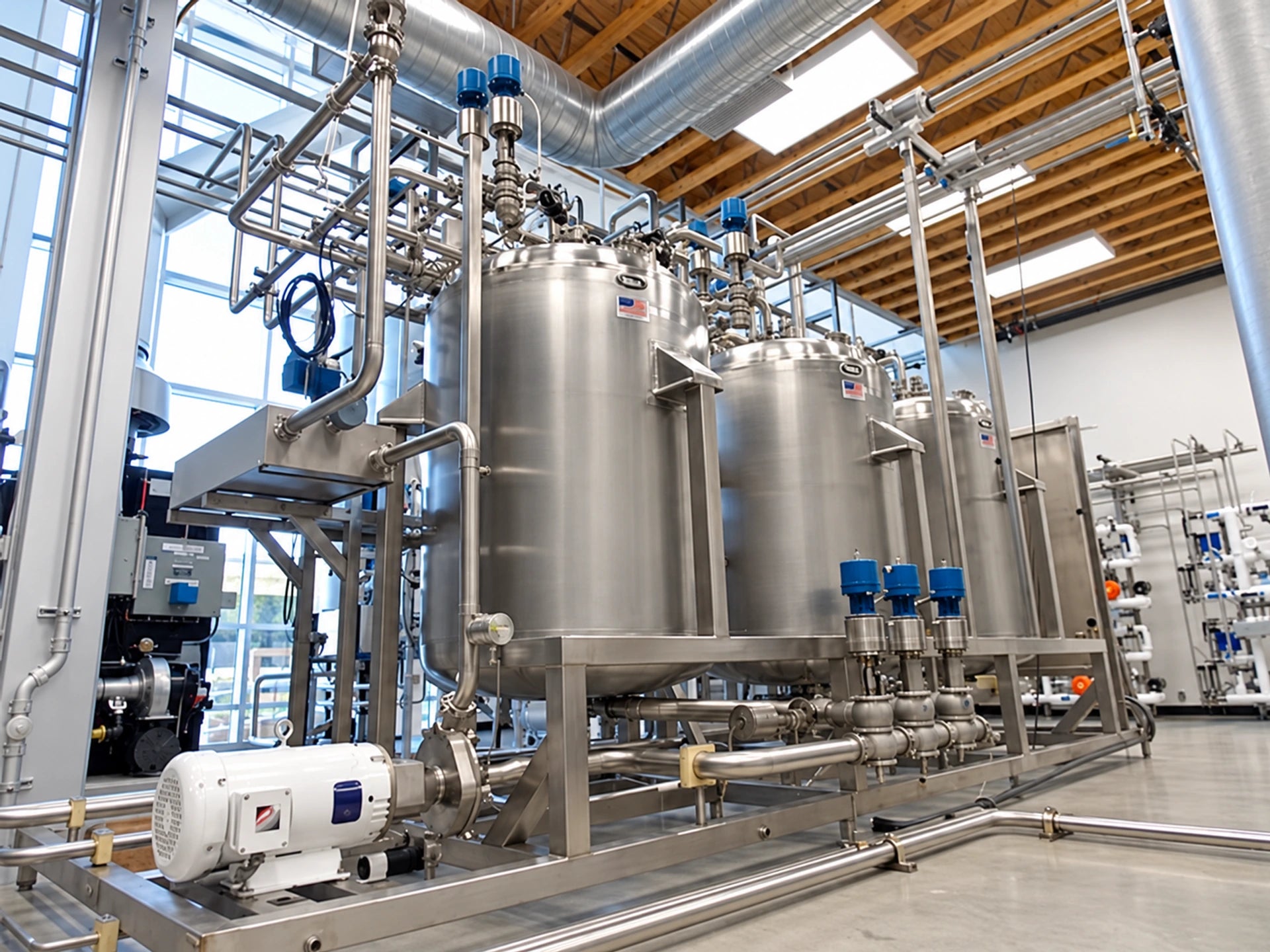 AI-restored view of a stainless-steel clean-in-place system from the ProTren facility archive